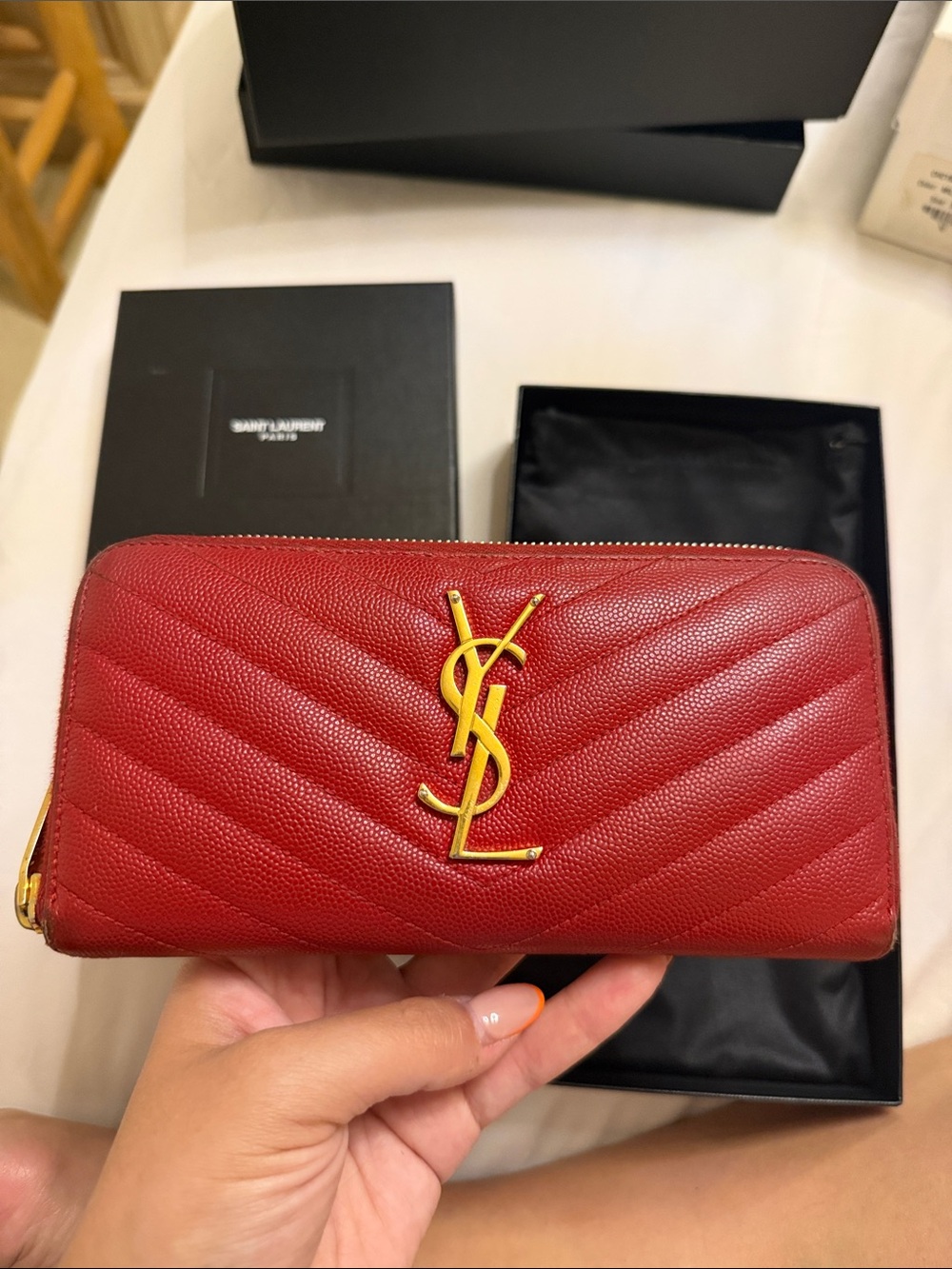 Saint Laurent Red Chevron Quilted Zip-Around Wallet with Gold YSL